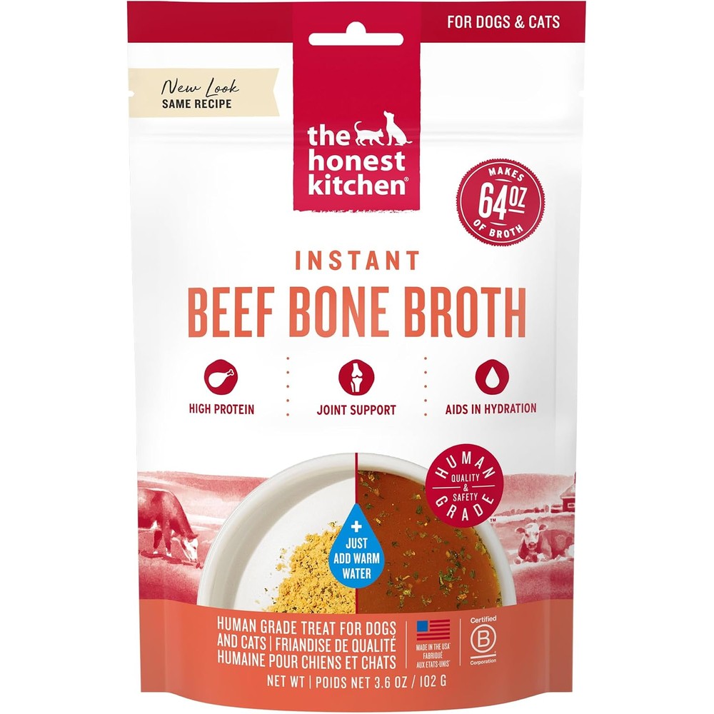 The Honest Kitchen Human Grade Daily Boosts Instant Beef Bone Broth With Turmeric Dog Food Topper Supplement 3.6 Ounces