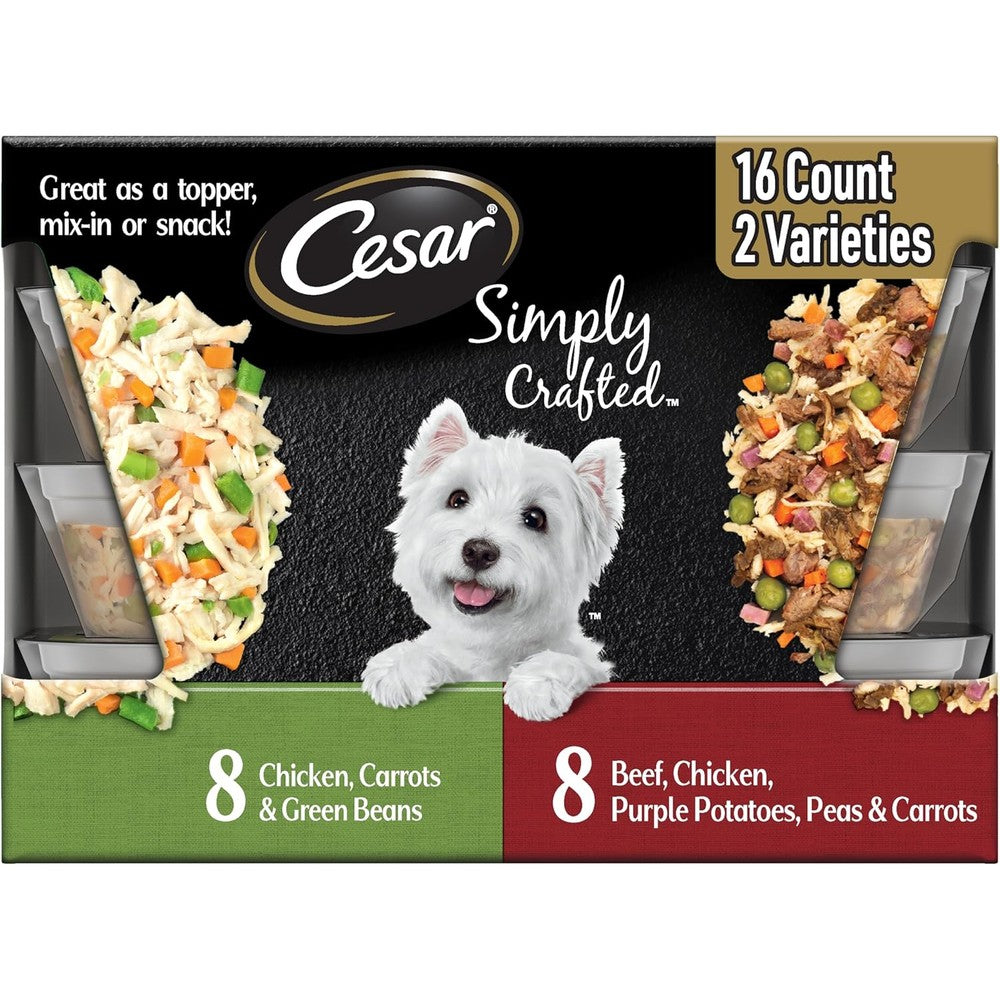 Cesar Simply Crafted Wet Dog Food Toppers Variety Pack Chicken Carrots Green Beans And Beef Purple Potatoes Peas One Point Three Ounce Sixteen Tubs