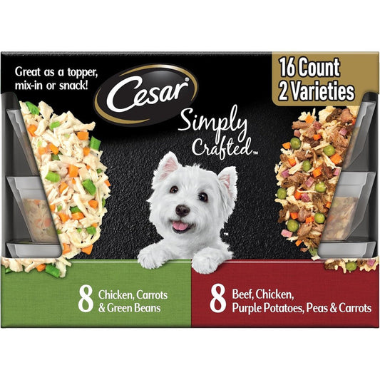 Cesar Simply Crafted Wet Dog Food Toppers Variety Pack Chicken Carrots Green Beans And Beef Purple Potatoes Peas One Point Three Ounce Sixteen Tubs