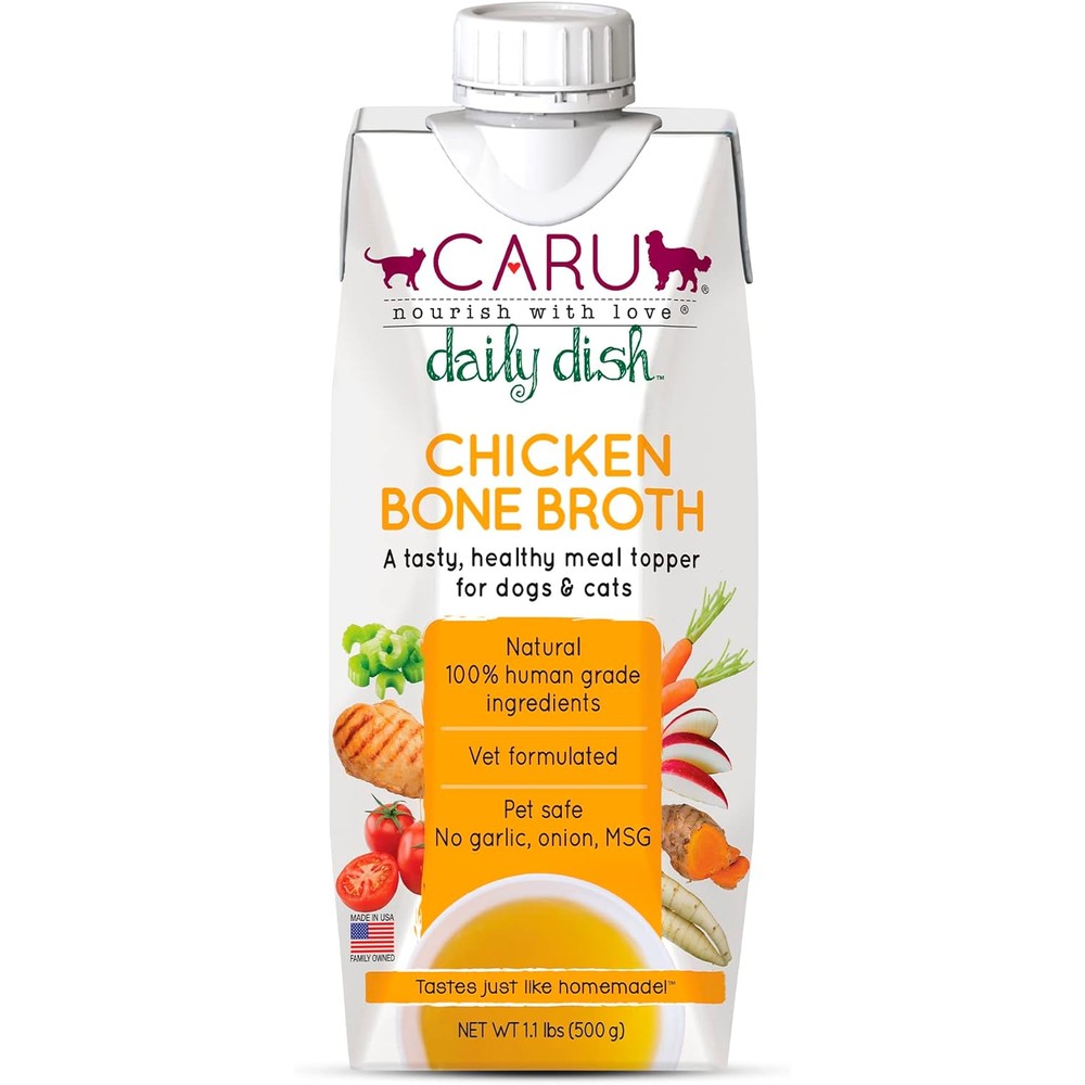 Caru Daily Dish Chicken Bone Broth Meal Topper For Dogs And Cats Human Grade Pour Over Liquid Pet Food Supplement 17.6 Ounce