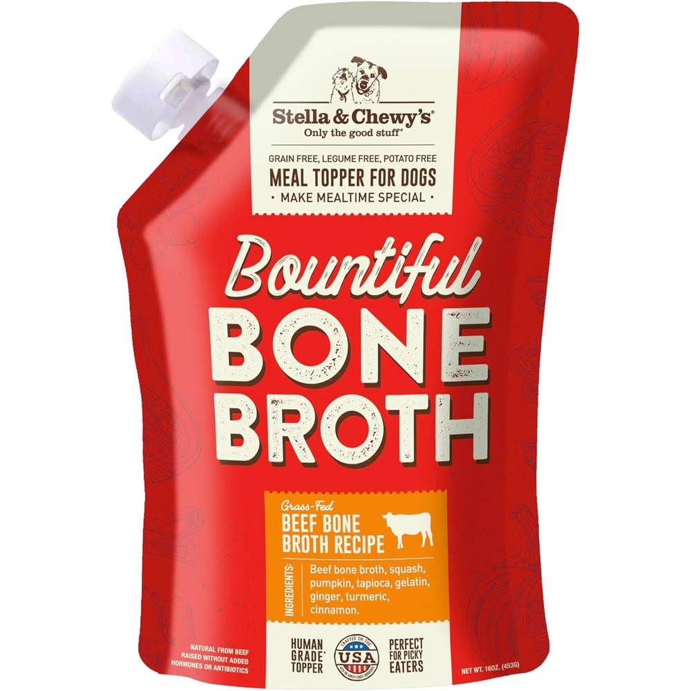 Stella & Chewy's Bountiful Bone Broth Grass-Fed Beef Recipe Liquid Meal Topper For Dogs Joint And Gut Health Support 16 Fluid Ounce Resealable Pouch