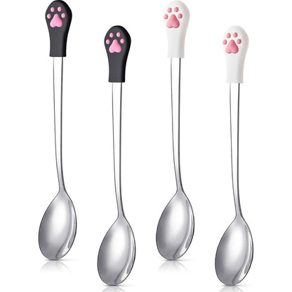 Patelai 4 Pieces Stainless Steel Pet Food Can Spoon Set With Silicone Cat Claw Handle For Dogs And Cats White And Black