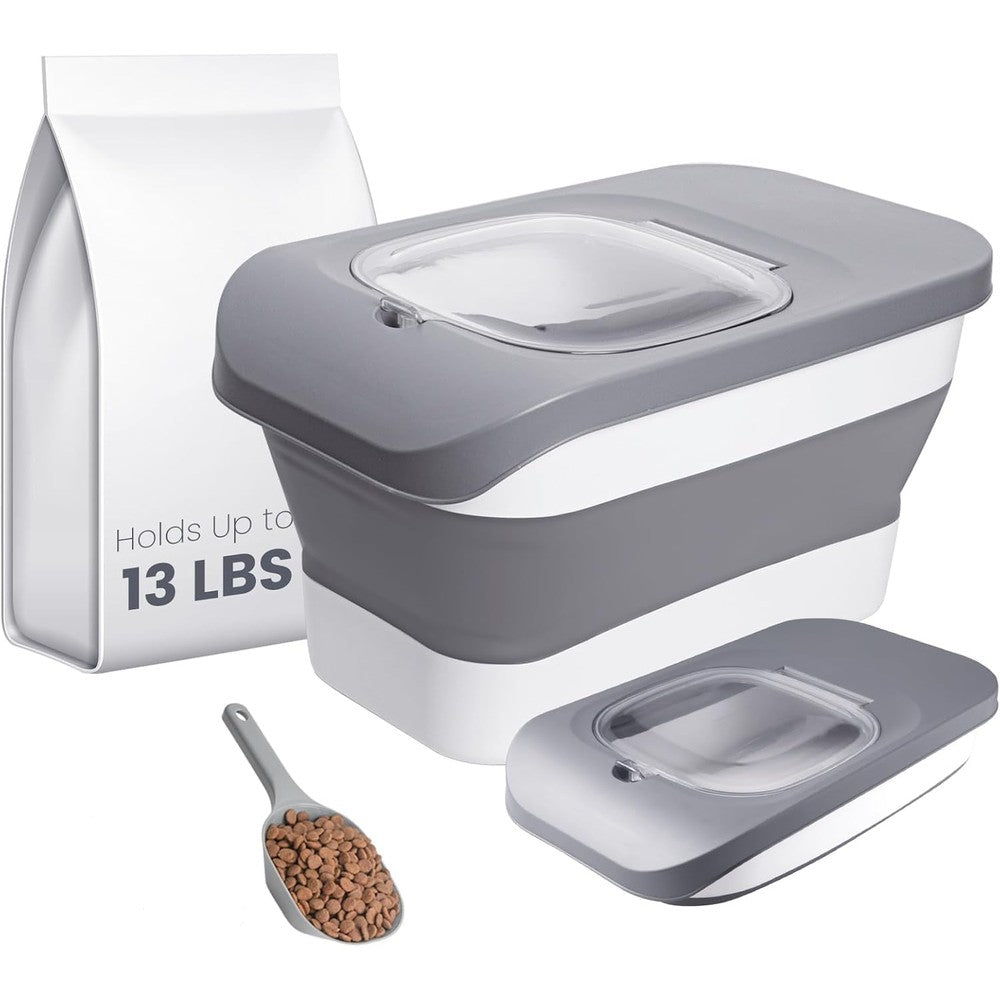 Hoytamdar 13 Pounds Dog Food Storage Container Collapsible Airtight Pet Food Bin With Sliding Lid And Food Scoop And Silicone Pet Bowl Grey