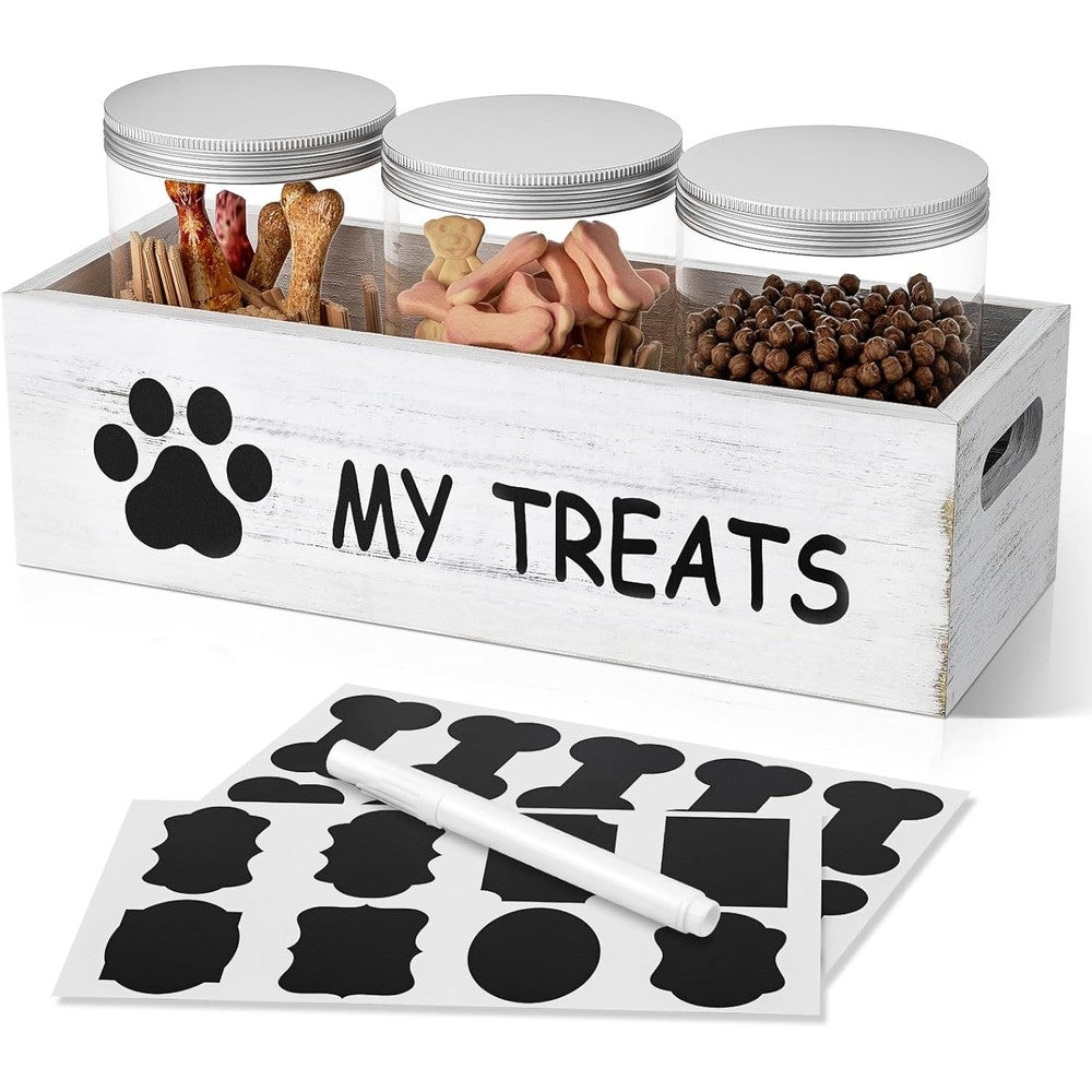 Qeerable Dog Treat Container For Countertop With 3 Airtight Jars And White Wooden Tray For Pet Food Storage