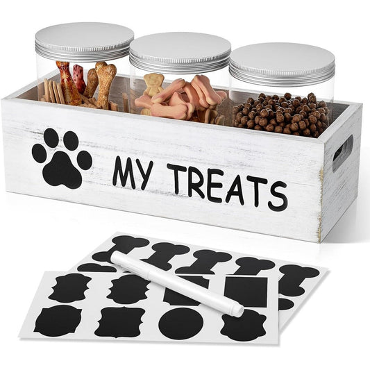 Qeerable Dog Treat Container For Countertop With 3 Airtight Jars And White Wooden Tray For Pet Food Storage