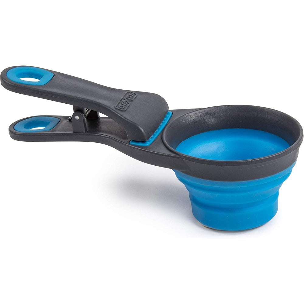 Dexas Popware For Pets Collapsible Klip Scoop 3-In-1 Pet Food Measuring Cup And Bag Clip 1/2 Cup Capacity Pro Blue