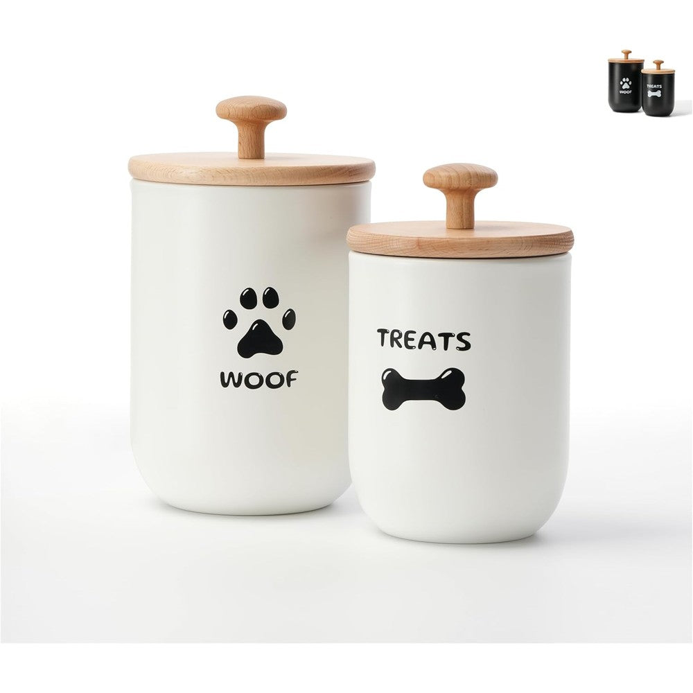 Ottenon Dog Treat Container Set Of 2 Airtight Metal Jars With Bamboo Lids White