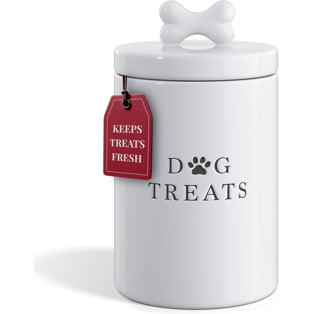 Barnyard Designs Large Dog Treat Container Airtight Ceramic Food Storage Jar With Bone Shaped Handle In White 56 Fluid Ounces