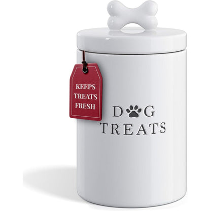 Barnyard Designs Large Dog Treat Container Airtight Ceramic Food Storage Jar With Bone Shaped Handle In White 56 Fluid Ounces