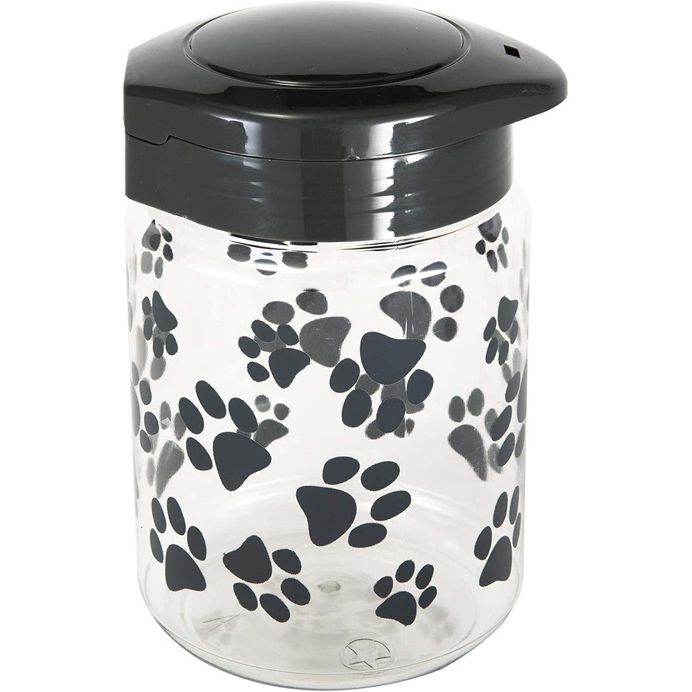 Lixit Dog Treat Plastic Jar With Airtight Lid For Pets 64 Fluid Ounce Gray Paw Print Design Made In United States Of America