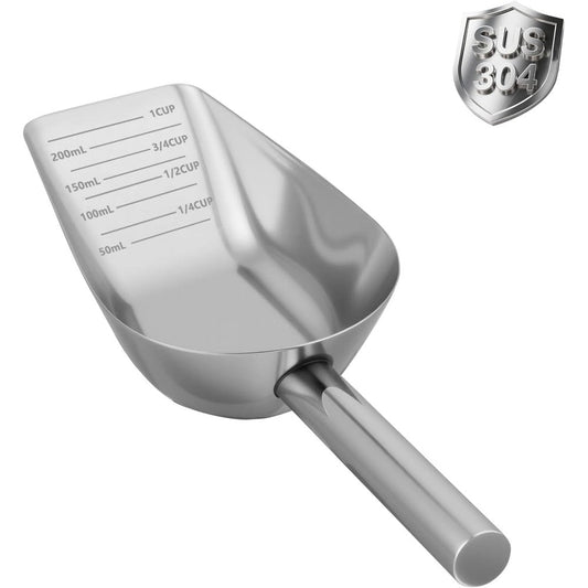 Aloxina Dog And Cat Food Scoop 1 Cup Thickened 304 Stainless Steel Precision Measuring Tool For Wet And Dry Pet Food With Long Handle