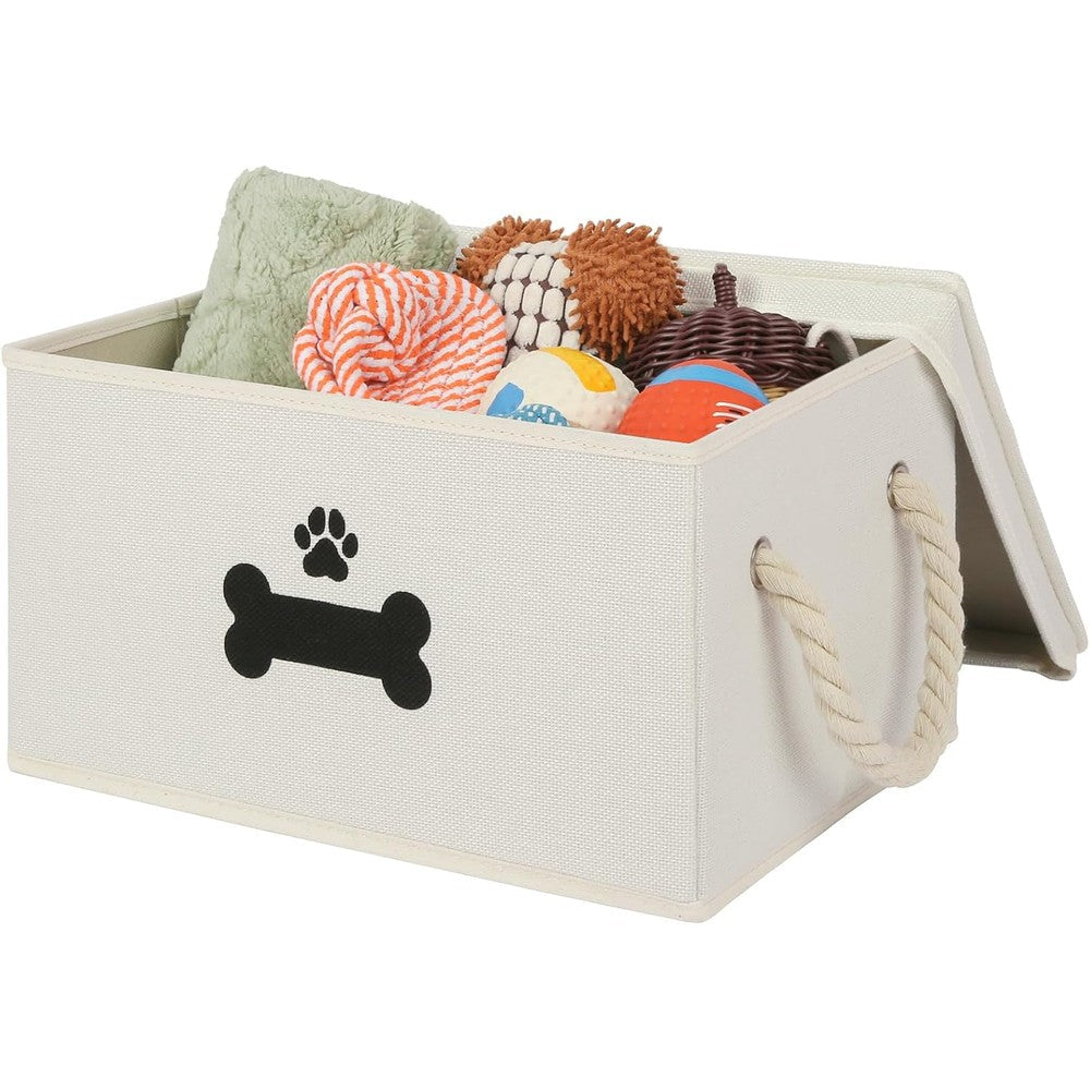 GreenPetopia Dog Toy Basket With Lid, Collapsible Storage Organizer Box For Pet Toys, Clothes, And Accessories, Beige, 14.4 x 10 x 8.1 Inches