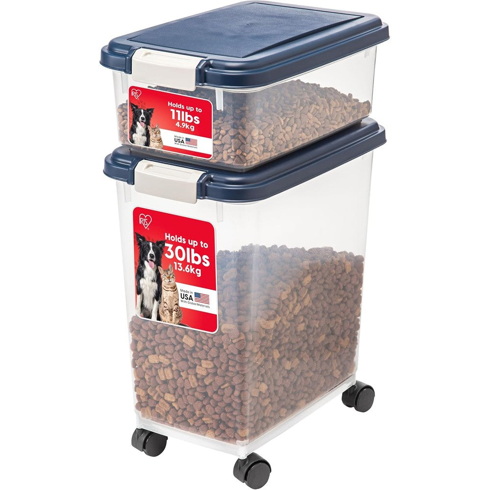IRIS USA Dog Food Storage Container 30 lb + 11 lb, Stackable Combo Set, Airtight Pet Food Storage Bins with Wheels for Dog Cat Bird Chicken Food, BPA Free, Made in USA, Navy