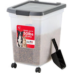 Iris USA Dog Food Storage Container 50 Pounds With Removable Rolling Wheels And Included Scoop For Dry Pet Food Clear And Dark Gray