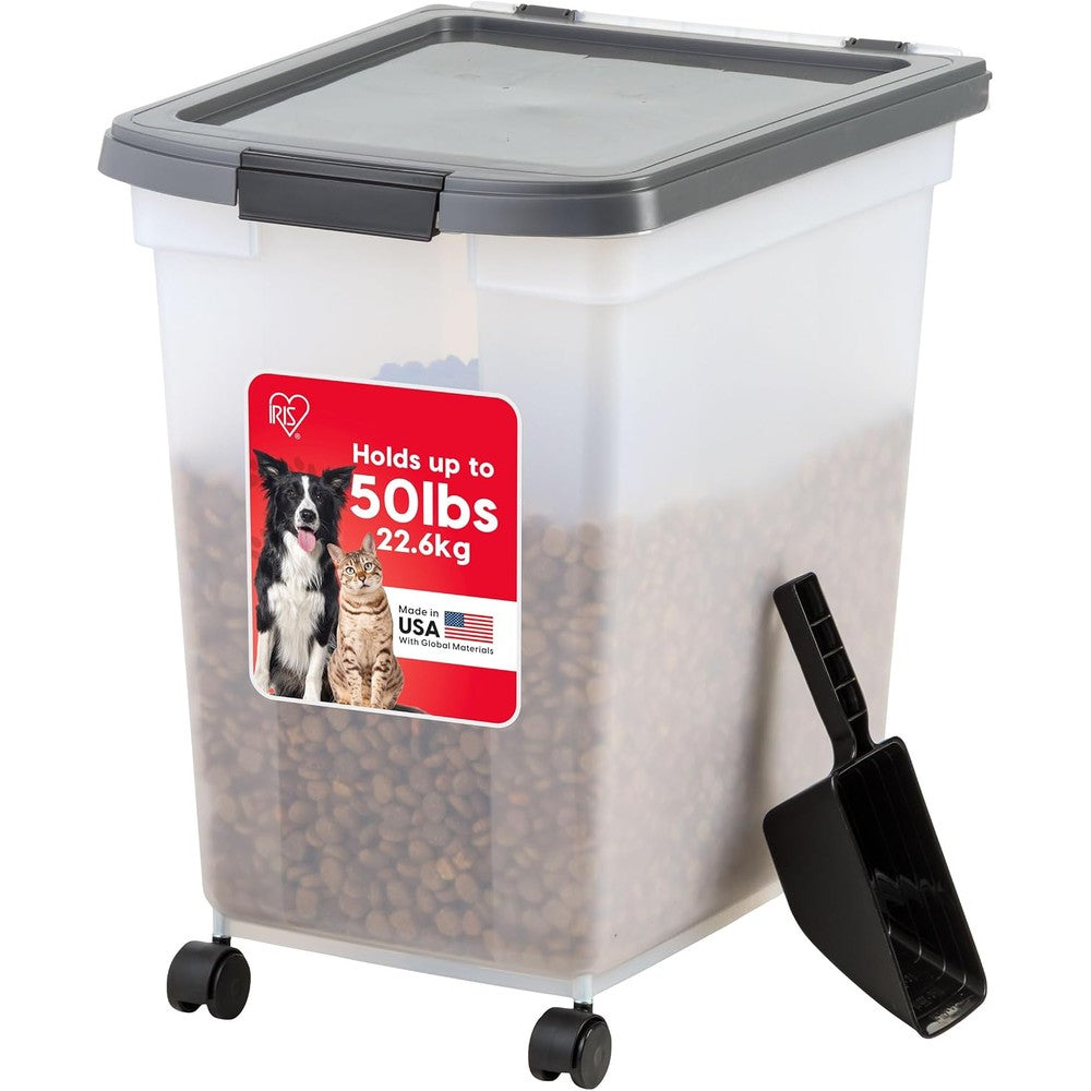 Iris USA Dog Food Storage Container 50 Pounds With Removable Rolling Wheels And Included Scoop For Dry Pet Food Clear And Dark Gray