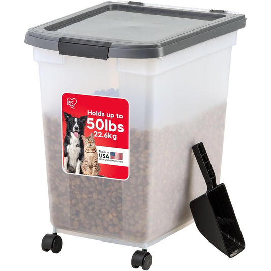 Iris USA Dog Food Storage Container 50 Pounds With Removable Rolling Wheels And Included Scoop For Dry Pet Food Clear And Dark Gray