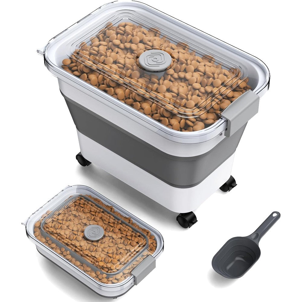 Viretec Collapsible Dog Food Storage Container 18 To 23 Pounds Capacity Airtight Pet Food Bin With Wheels And Scoop For Cats And Dogs