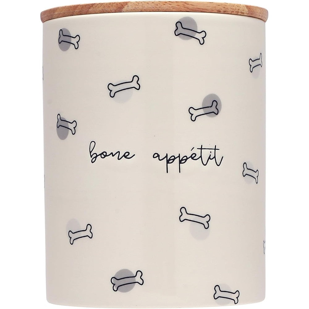Pearhead Bone Appetite Ceramic Dog Treat Jar With Airtight Wooden Lid For Fresh Snacks, 4 Cup Capacity, Durable Kitchen Pet Food Storage Canister
