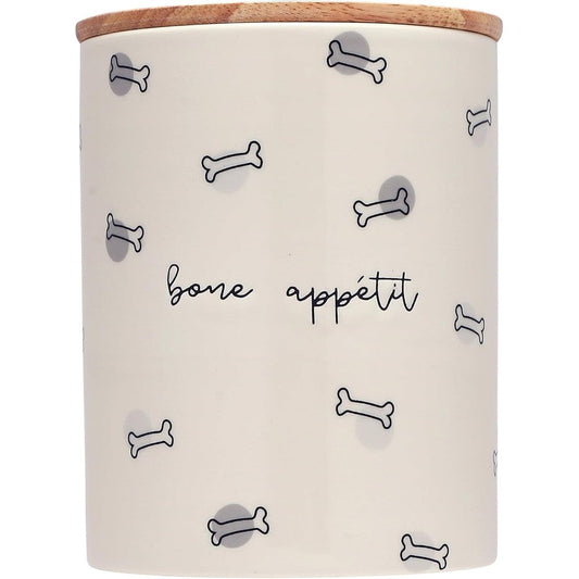 Pearhead Bone Appetite Ceramic Dog Treat Jar With Airtight Wooden Lid For Fresh Snacks, 4 Cup Capacity, Durable Kitchen Pet Food Storage Canister