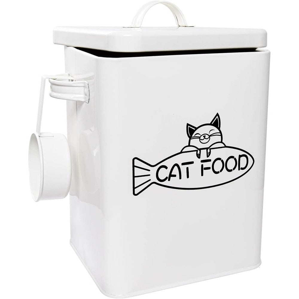 Vumdua Farmhouse Dog And Cat Food Storage Container With Airtight Lid And Scoop White Powder Coated Galvanized Steel 5 To 6 Pounds Capacity
