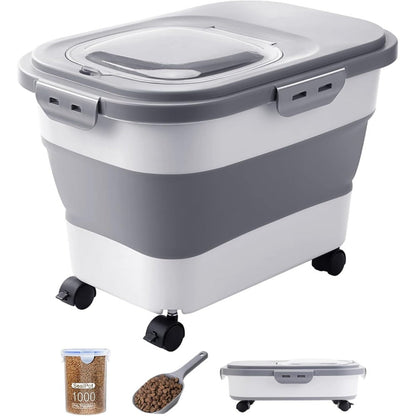 Ddmommy 20-23 Pounds Dog Food Storage Container Collapsible Airtight Pet Food Bin With Rolling Wheels And Silicone Travel Bowl In Grey