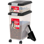 Iris Usa Airtight Pet Food And Treat Storage Container Combo 30 Pound And 11 Pound Stackable Bin With Wheels And Scoop Black