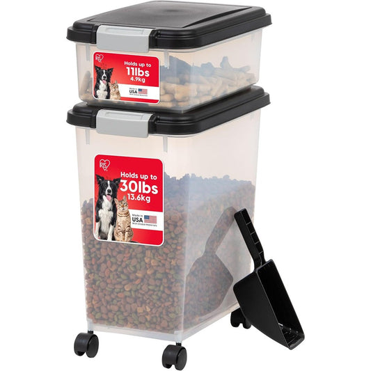 Iris Usa Airtight Pet Food And Treat Storage Container Combo 30 Pound And 11 Pound Stackable Bin With Wheels And Scoop Black