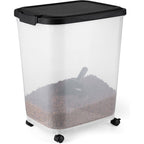 Amazon Basics Pet Food Storage Container With Rolling Wheels BPA Free Detachable Scoop 50 Pounds Capacity Transparent And Black