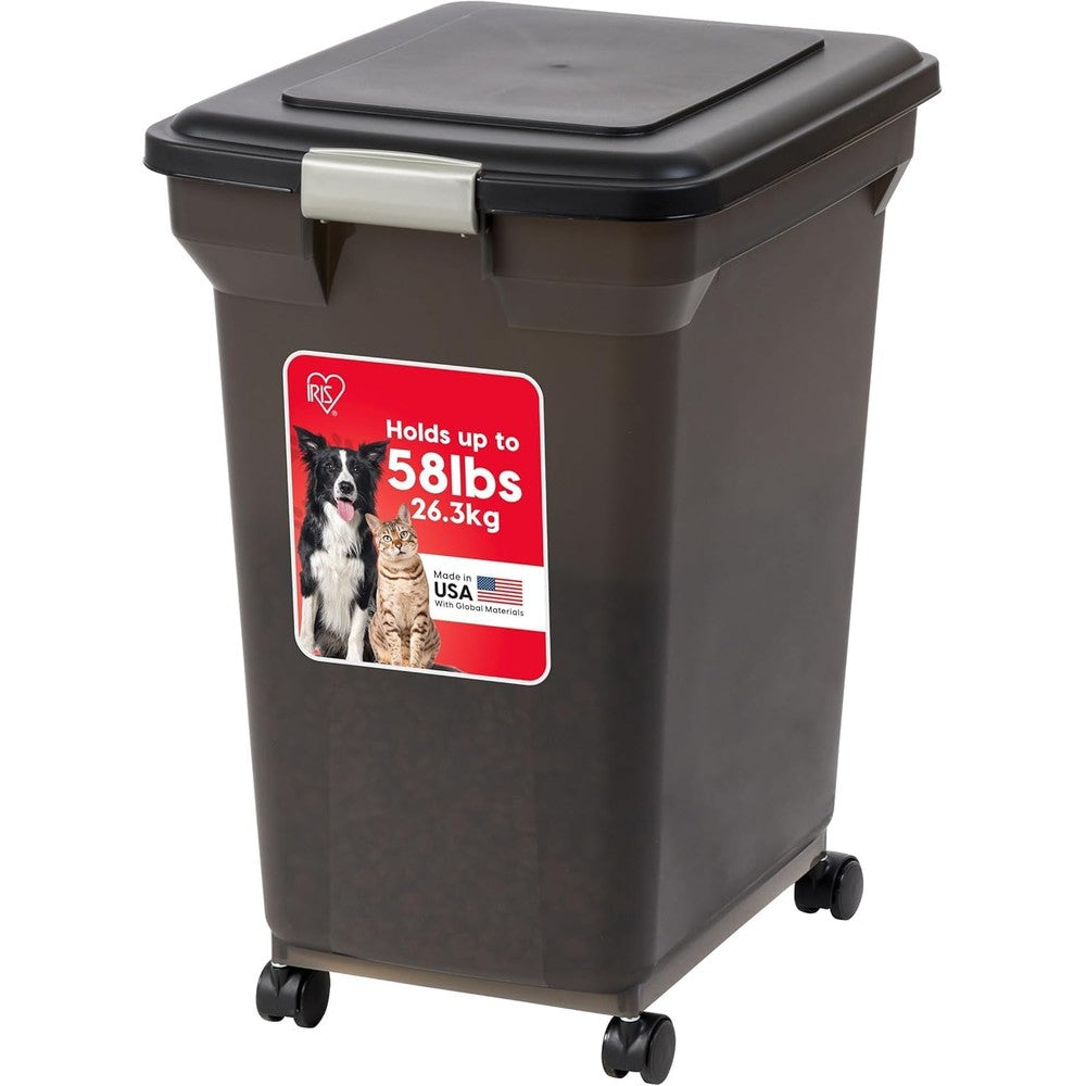 Iris Usa Premium Airtight Pet Food Storage Container With Wheels And Snap Lock Latch Black 58 Pounds Capacity For Dog Cat And Bird Food