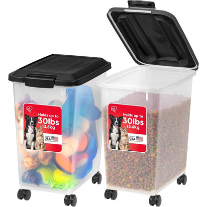 Iris Usa Dog Food Storage Container 2 Pack Up To 30 Pounds Each Airtight Seal For Freshness With Wheels Clear And Black Made In The Usa