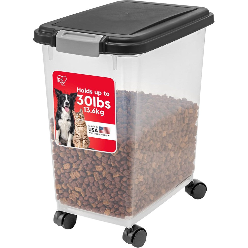 Iris Usa Airtight Pet Food Storage Container With Wheels Black 30 Pound Capacity For Dry Kibble Seeds And Treats BPA Free Plastic Bin
