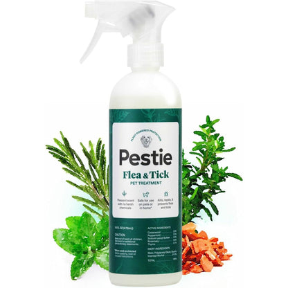 Pestie Flea And Tick Treatment For Pets Plant Powered Spray 16 Fluid Ounces Safe For Cats And Dogs With Cedarwood Peppermint Thyme And Rosemary