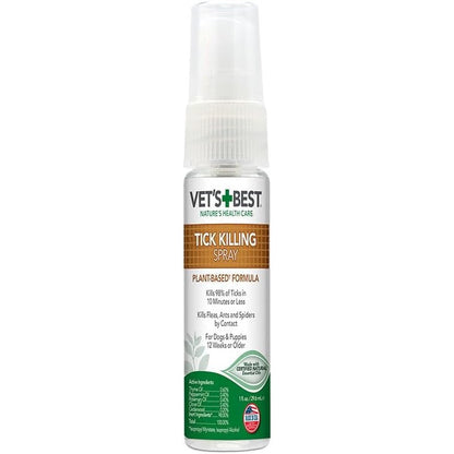 Vet's Best Tick Killing Spray For Dogs Plant-Based Treatment And Repellent With Certified Essential Oils For Travel And Home 1 Fluid Ounce