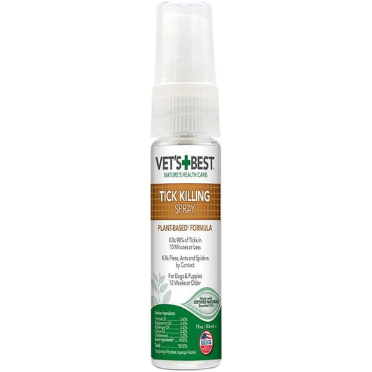 Vet's Best Tick Killing Spray For Dogs Plant-Based Treatment And Repellent With Certified Essential Oils For Travel And Home 1 Fluid Ounce