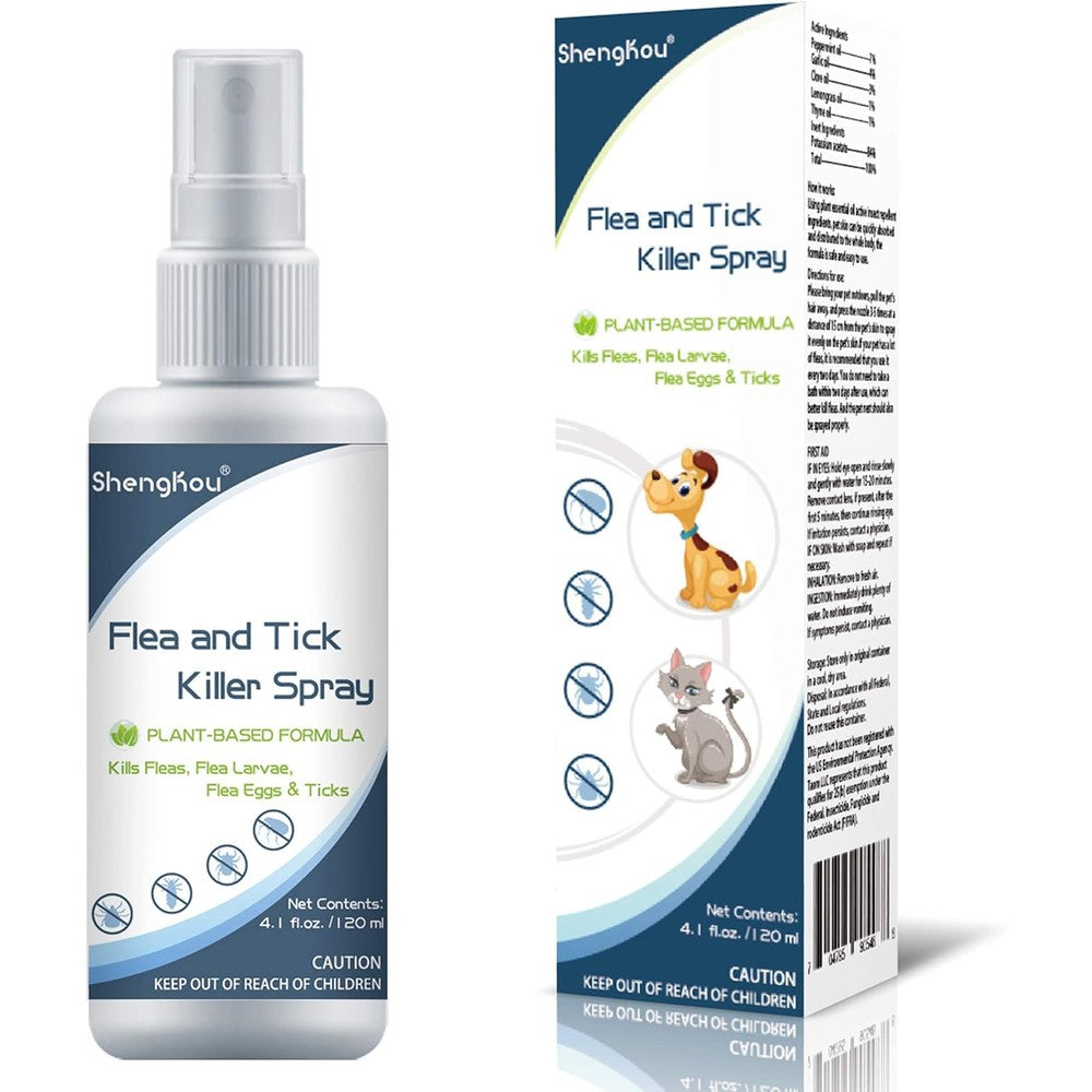 ShengKou Flea And Tick Spray For Pets And Home Plant Based Essential Oil Formula 4.1 Fluid Ounces