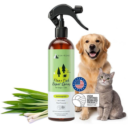 Kin+Kind Natural Flea And Tick Prevention Spray For Dogs And Cats, Non-Greasy Lemongrass Coat Repellent, Vet-Formulated, 12 Fluid Ounces