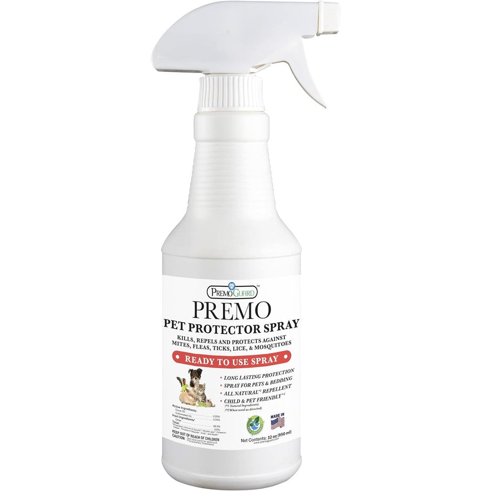Premo Guard Pet Protector Spray For Dogs And Cats 16 Fluid Ounces Kills Mites Fleas Ticks And Mosquitoes Natural Plant Based Formula