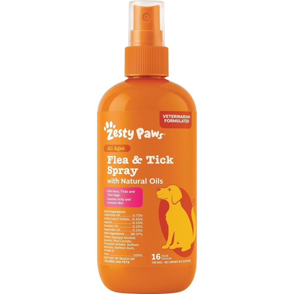 Zesty Paws Flea And Tick Spray For Dogs To Kill Fleas Ticks And Eggs Veterinarian Formulated Soothing Natural Essential Oils 16 Fluid Ounces