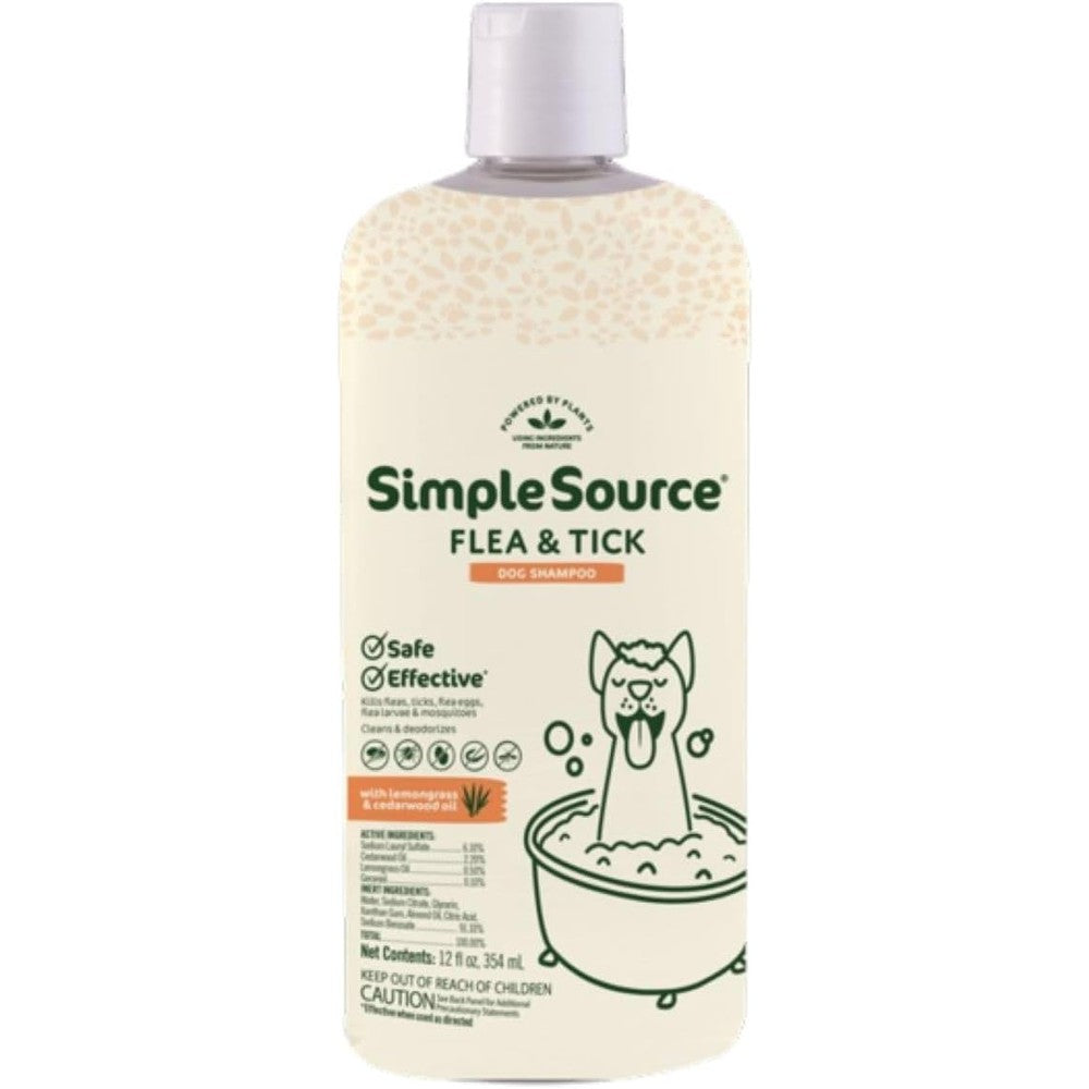 SimpleSource Flea and Tick Shampoo for Dogs Plant Based Pest Control Formula Cleans and Deodorizes Twelve Ounce Bottle
