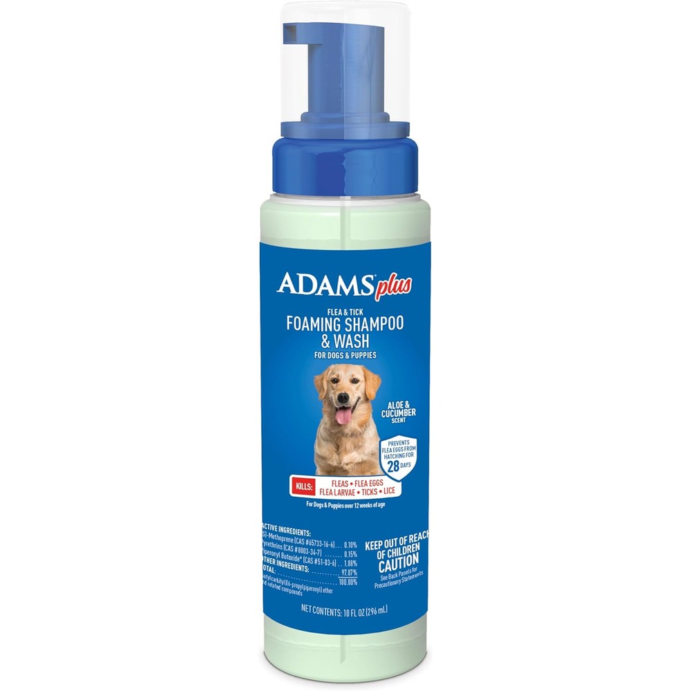 ADAMS Plus Flea And Tick Foaming Shampoo And Wash For Dogs And Puppies Sensitive Skin Formula Aloe And Cucumber Scent 10 Ounces