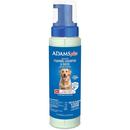 ADAMS Plus Flea And Tick Foaming Shampoo And Wash For Dogs And Puppies Sensitive Skin Formula Aloe And Cucumber Scent 10 Ounces