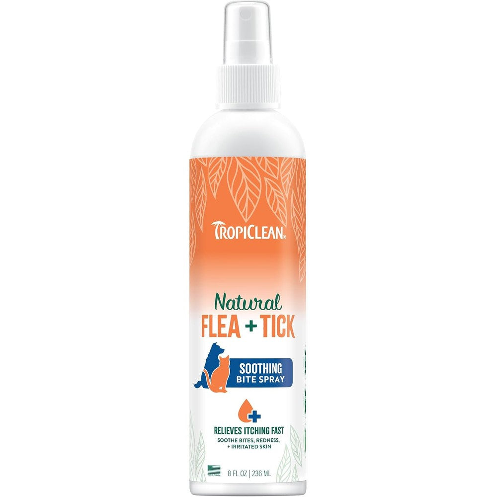 TropiClean Flea And Tick Bite Relief Treatment Spray Advanced Care Itch Relief Spray For Dogs And Cats Eight Ounces