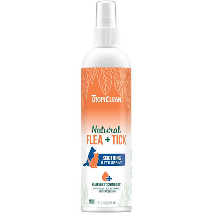 TropiClean Flea And Tick Bite Relief Treatment Spray Advanced Care Itch Relief Spray For Dogs And Cats Eight Ounces