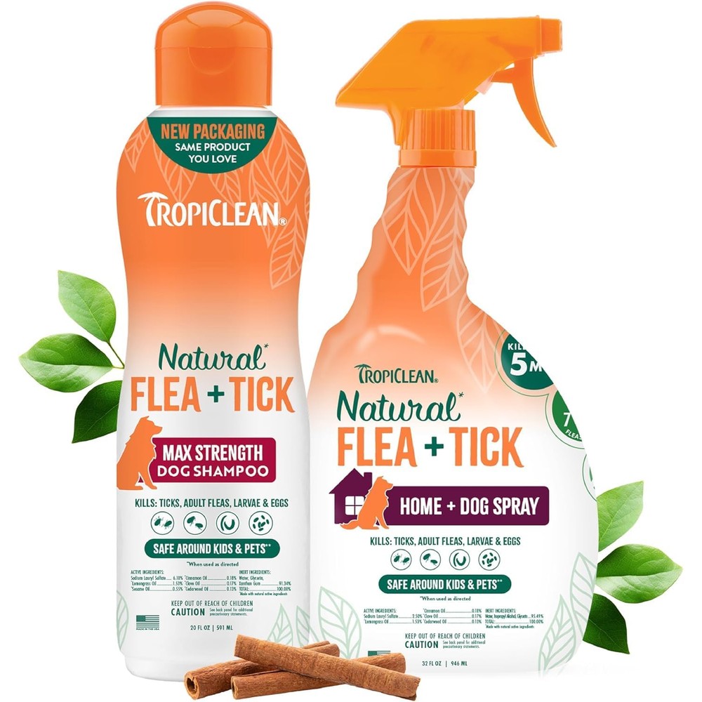 TropiClean Natural Flea And Tick Maximum Strength Shampoo And Bedding Spray Bundle For Dogs