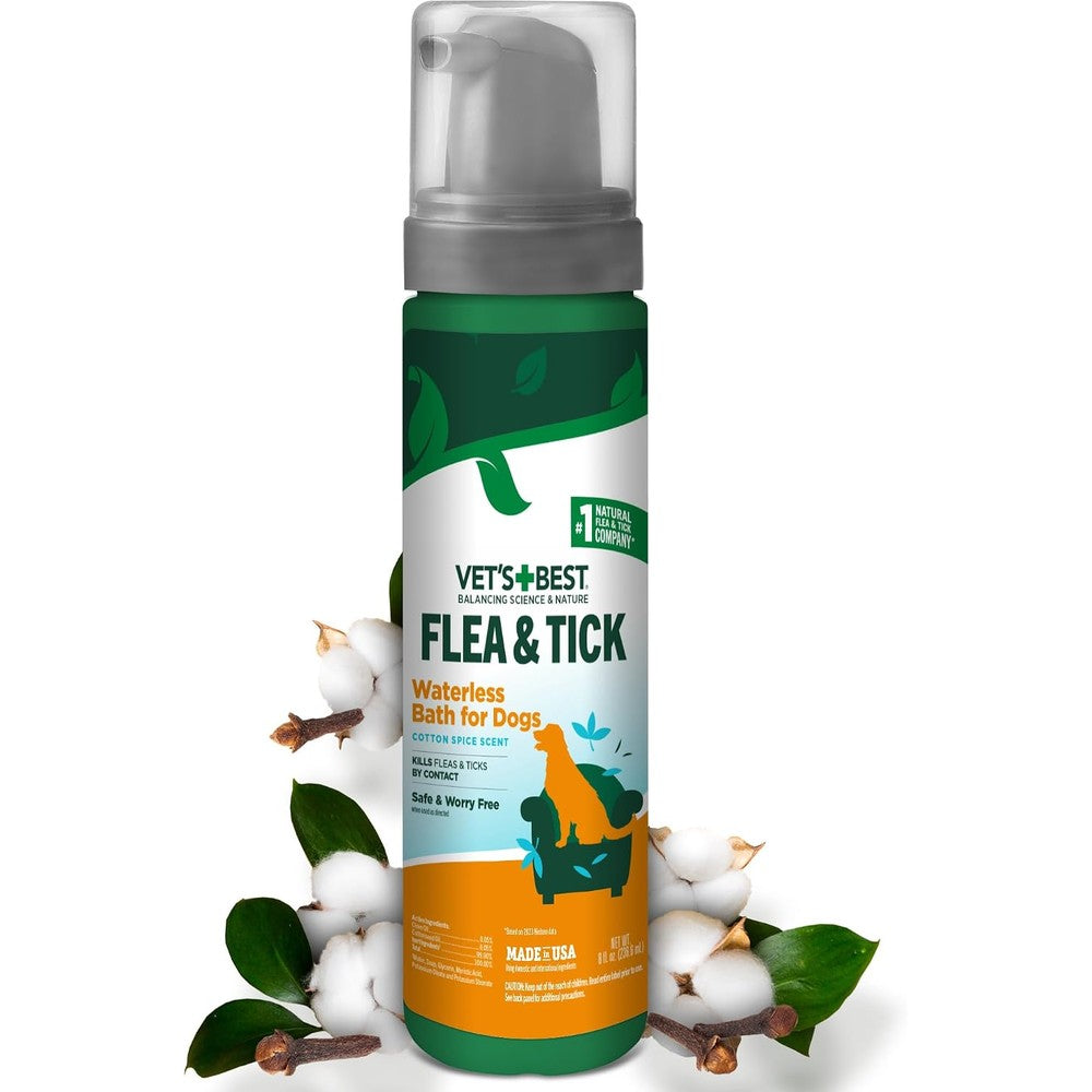 Vet's Best Waterless Flea And Tick Dog Bath Natural Prevention Dry Shampoo Foam Cotton Spice Scent 8 Ounce