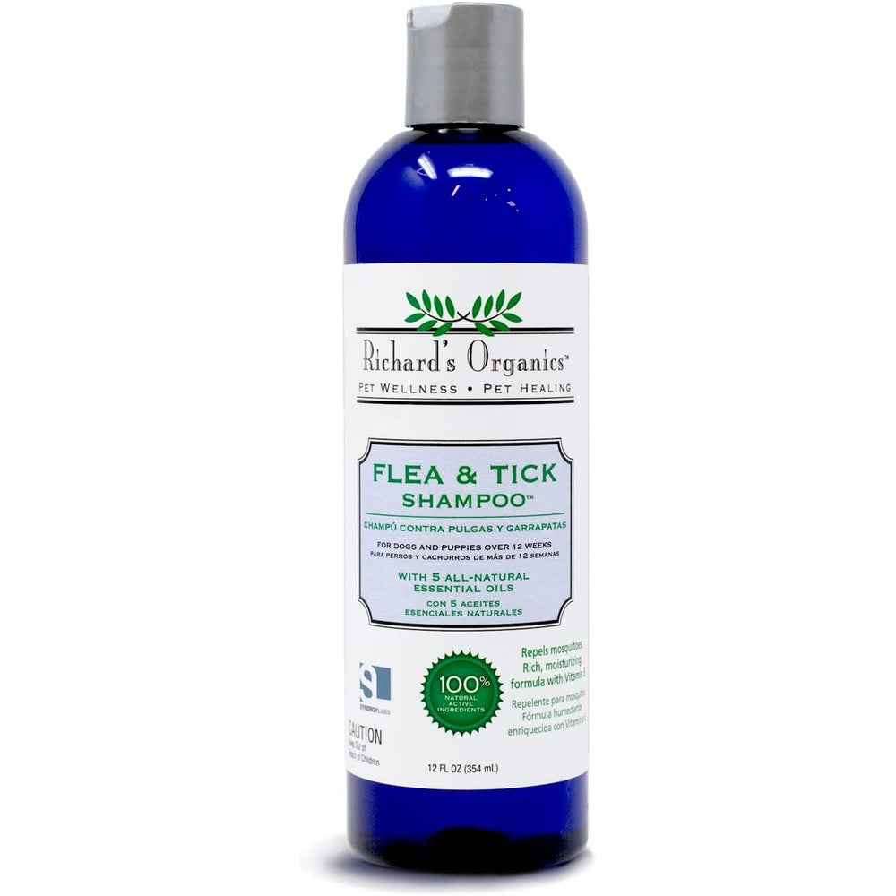 SynergyLabs Richard's Organics Flea And Tick Shampoo For Dogs All Natural Essential Oil Pest Protection 12 Fluid Ounces