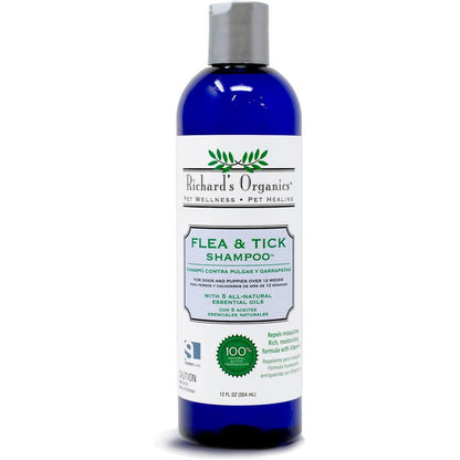 SynergyLabs Richard's Organics Flea And Tick Shampoo For Dogs All Natural Essential Oil Pest Protection 12 Fluid Ounces