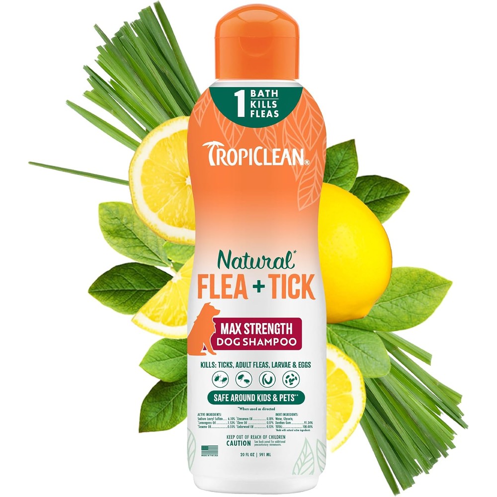 TropiClean Max Strength Flea And Tick Shampoo Treatment For Dogs Plant Based Pest Prevention Formula 592 ml 20 Ounce