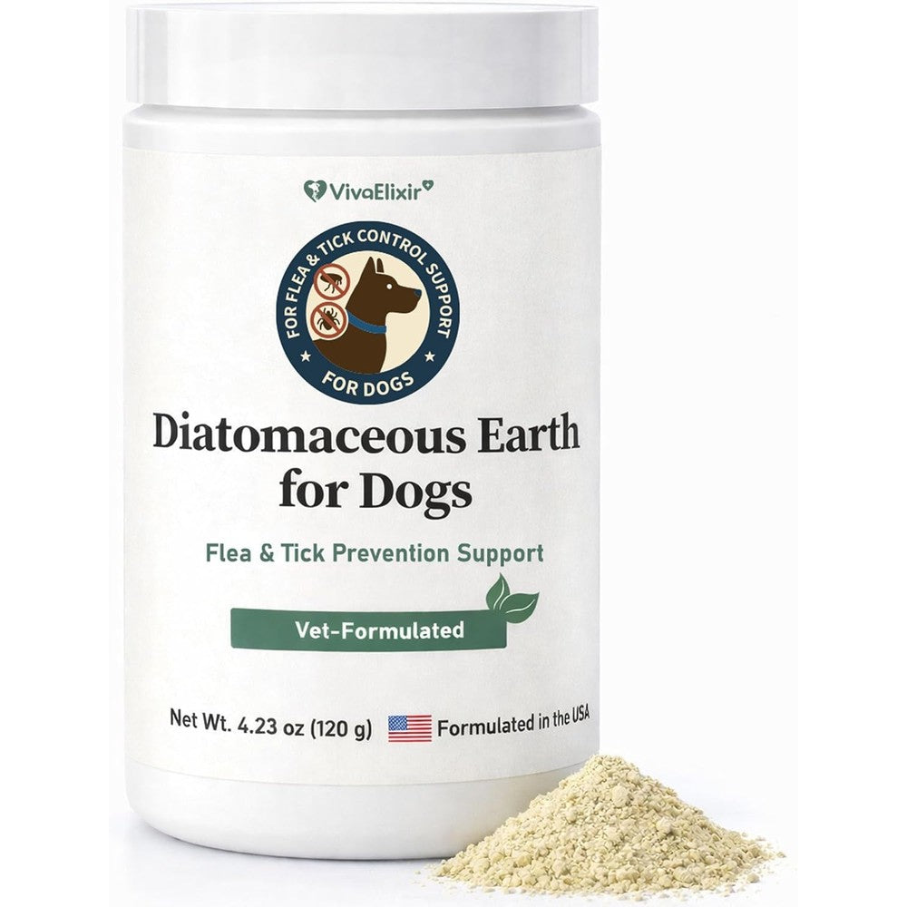 VivaElixir Diatomaceous Earth for Dogs Natural Powder for Flea and Tick Management Digestive Cleanse and Detox Four Point Two Three Ounces