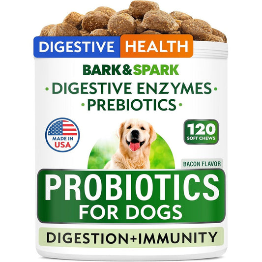 Bark And Spark Dog Probiotics And Digestive Enzymes Gut Health And Itchy Skin Relief Bacon Flavored Soft Chews 120 Count